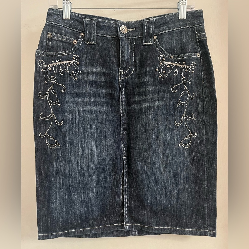 Boom Boom Jeans Dark Blue Stretch Denim Embroidered Skirt SAKS